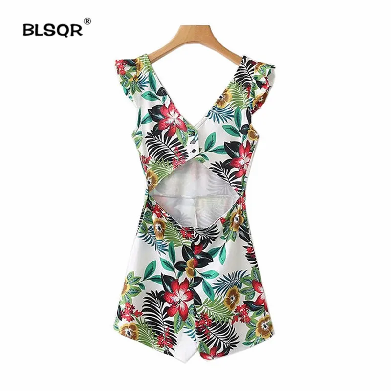 أزياء مثير الخامس عنق الزهور طباعة داخلية أكمام عارية الذراعين playsuit 2018 الصيف النساء البوهيمي قمم blusas