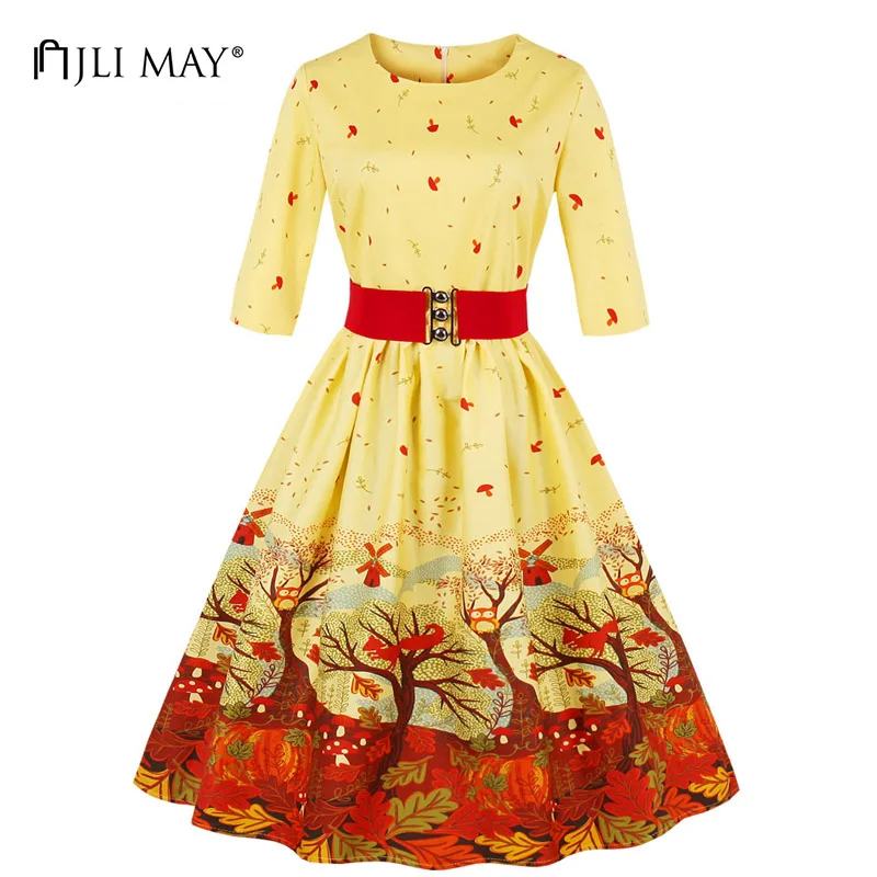 

JLI MAY Christmas print dress women autumn retro belted half sleeve o-neck midi yellow big size elegant vintgae party dresses