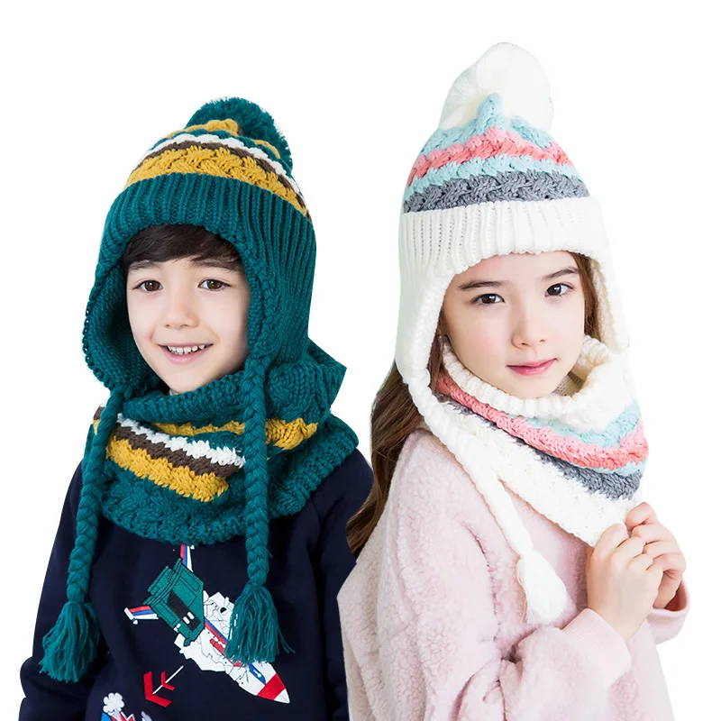 2018 Kocotree осень-зима детская Кепки шарф для мальчиков и девочек полосатый вязаная шапка для детей На возраст от 4 до 10 лет Студенческая Кепка