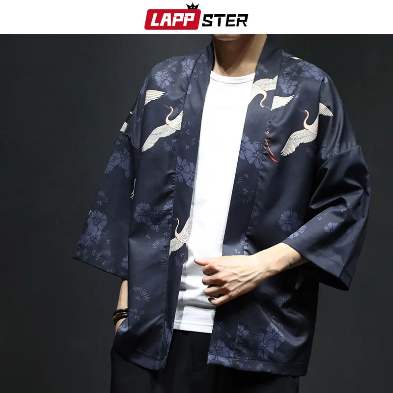 

LAPPSTER Men Summer Crane Kimono Shirts 2019 Mens Thin Streetwear Chinese Styel Shirts Male Fashions Designer Cardigan Plus Size