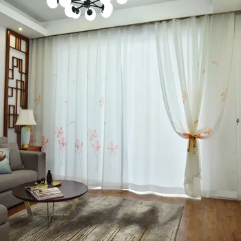 

Chinese Hand-painted Window Tulle Curtains Modern Simple Flowers Pink Voile Curtains for Living Room Bedroom Sheer Home Textile