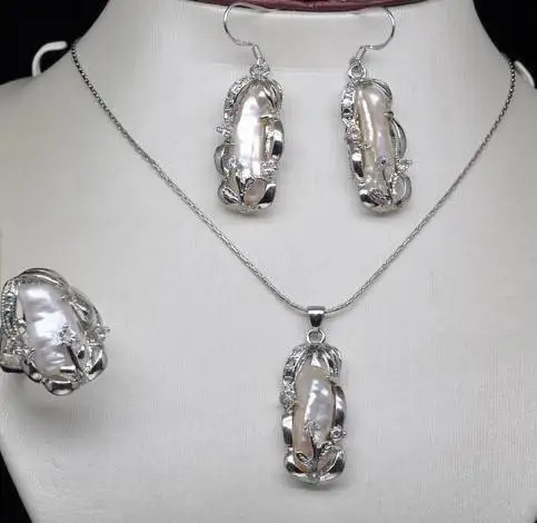 

New Arriver Pearl Jewelry Set White Biwa Real Pearl Earrings Pendant Ring Set