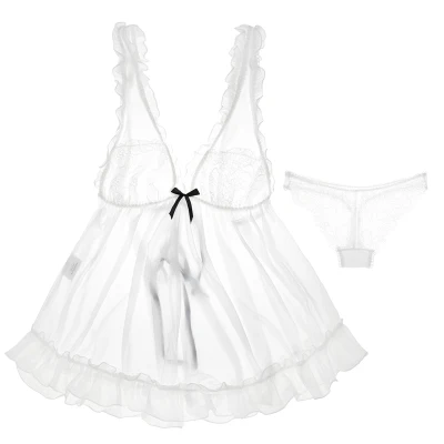 Сексуальное женское нижнее белье, женское нижнее белье, кружевное Ночное платье, белая Пижама с стрингами, прозрачное платье для сна, ночная сорочка для девочек - Цвет: Белый
