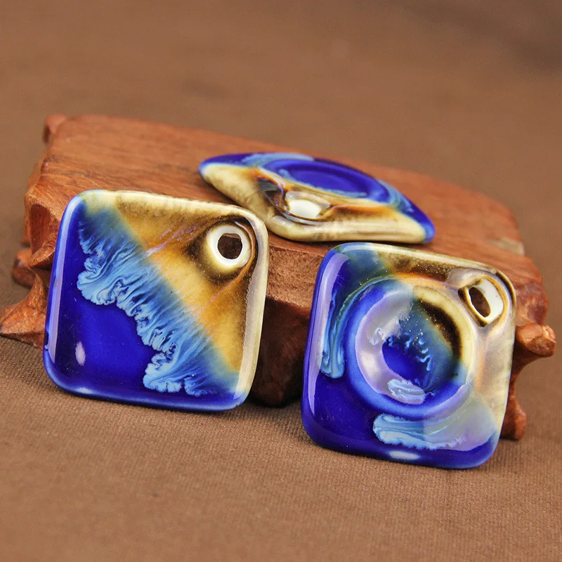 

2pcs Handmade Craft Square Ceramic Spacer Pendant Beads 47x47mm Glazed Blue Porcelain Charms Fittings DIY Jewelry Making