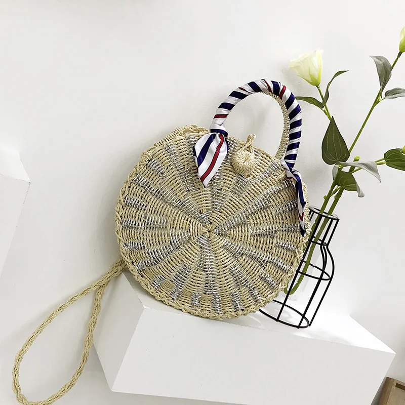 

MOFFT Women Handbags Round Straw Messenger Bags Cross Body Retro Style Ladies Ribbons Handmade Quality Luxury Casual Bags