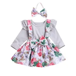 2018 довольно новорожденных одежда с цветочным принтом Комплекты для маленьких девочек девушка оборками боди бантом Цветочные