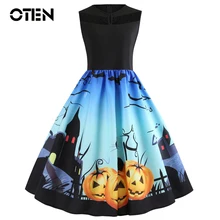 OTEN verano mujeres disfraz de fiesta de Halloween sin mangas calabaza impreso casuales de la rodilla midi vestido de talla grande 3XL ropa