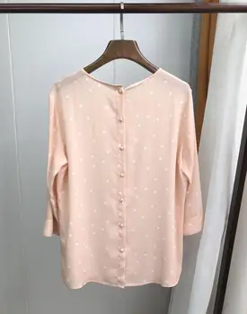 

100% Silk Pink Blouse For Women Polka Dot Print Single-breasted Back Sweet Shirt Top New