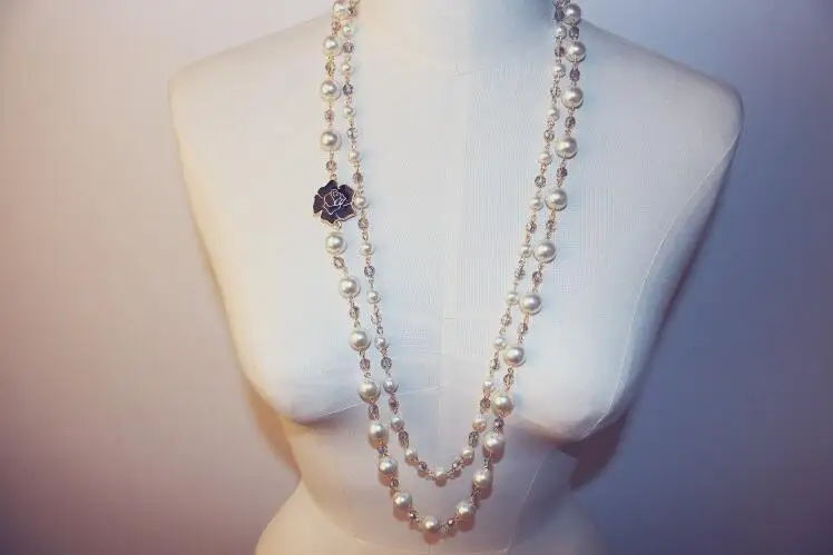 

Crystal Hollow Out Camellia Pearls Layered Sweater Necklace sautoir collier femme perle necklace collares largos c women