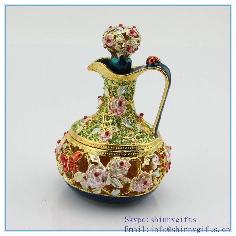 

Rhinestone Tea Pot Shape Trinket Box Hollow Out Metal Jewelry Box
