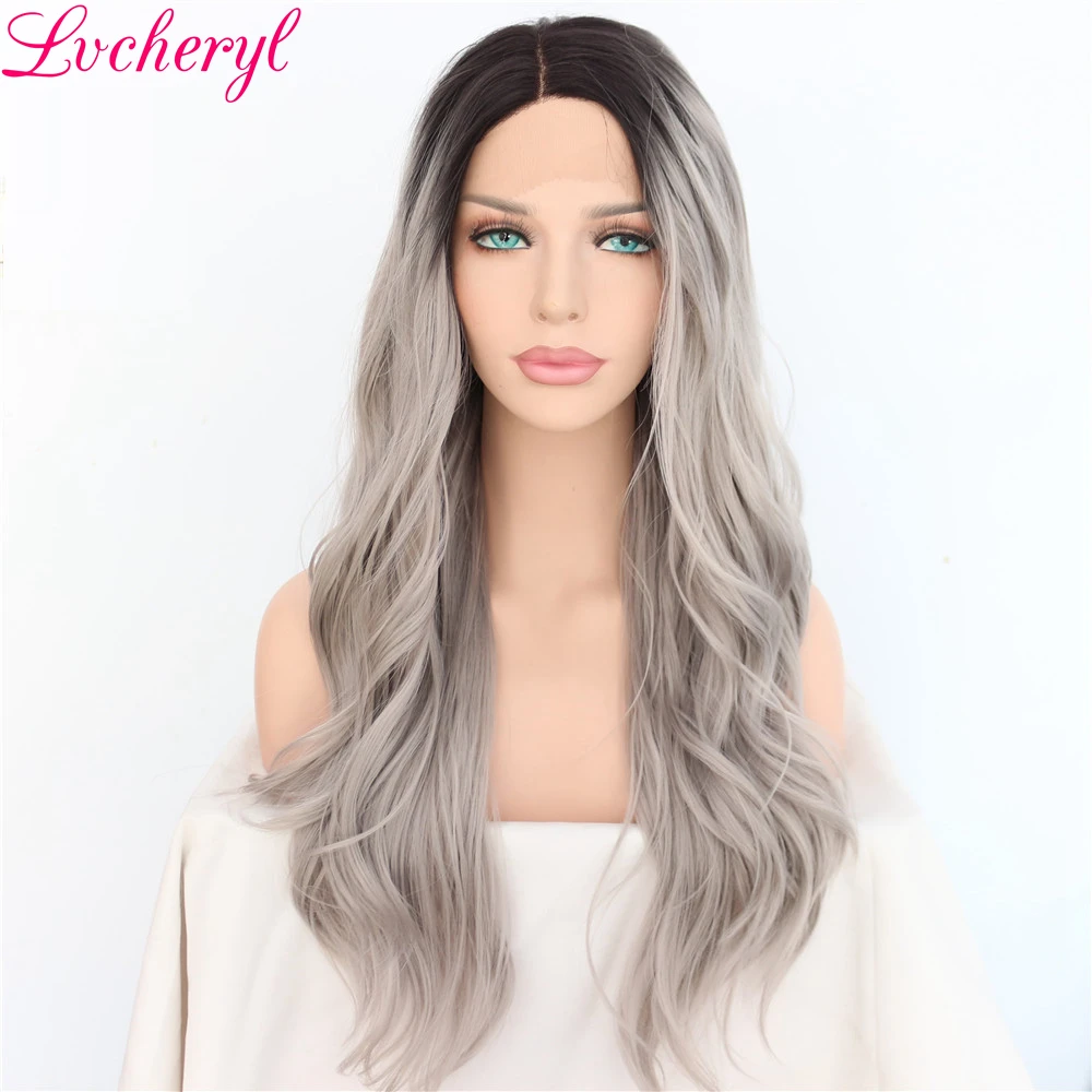 

Lvcheryl Hand Tied Ombre Grey Trendy Natural Long Wavy Synthetic Lace Front Wigs Heat Resistant Hair Wigs for Beauty Women