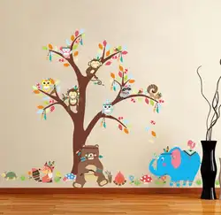 Мультфильм наклейки на стену в виде медведя для детской комнаты съемные Детские Спальня животных дерево настенные наклейки