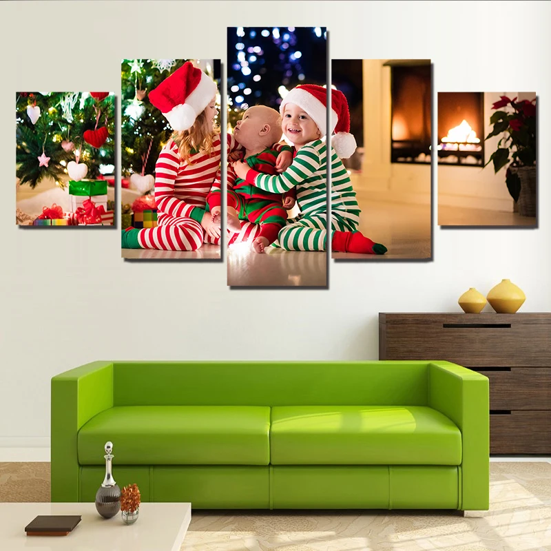 Holidays-Christmas-Three-Kid-Canvas-Wall-Art-Frame-Painting-For-Living-Room-5-Panel-Poster-And (1)