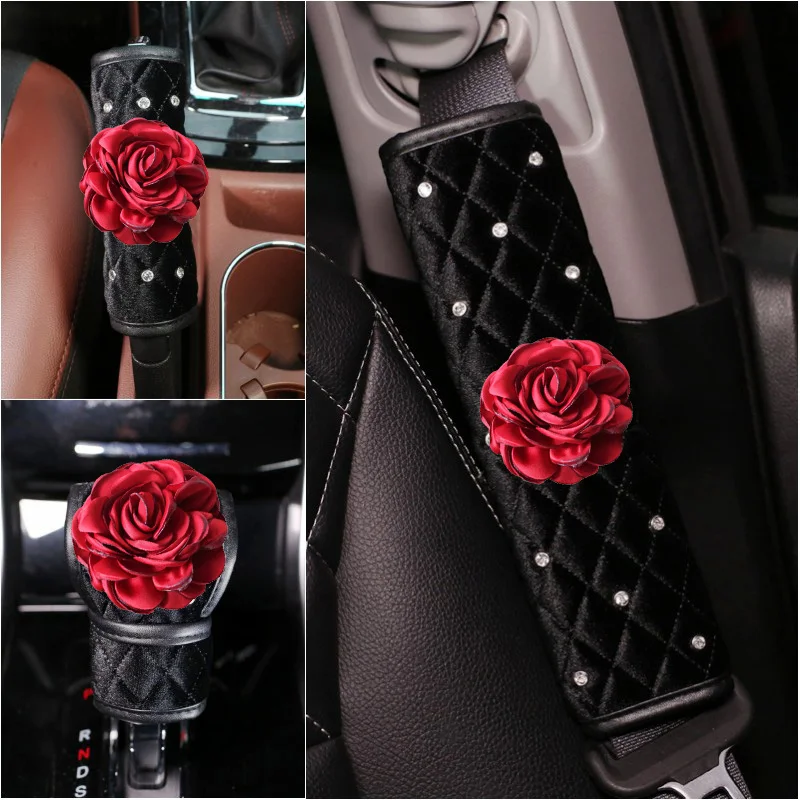 Red-Rose-Flower-Diamond-Plush-Car-Seat-Interior-Accessories-Auto-Steering-Wheel-Cover-Headrest-Support-Shifter-Gear-12