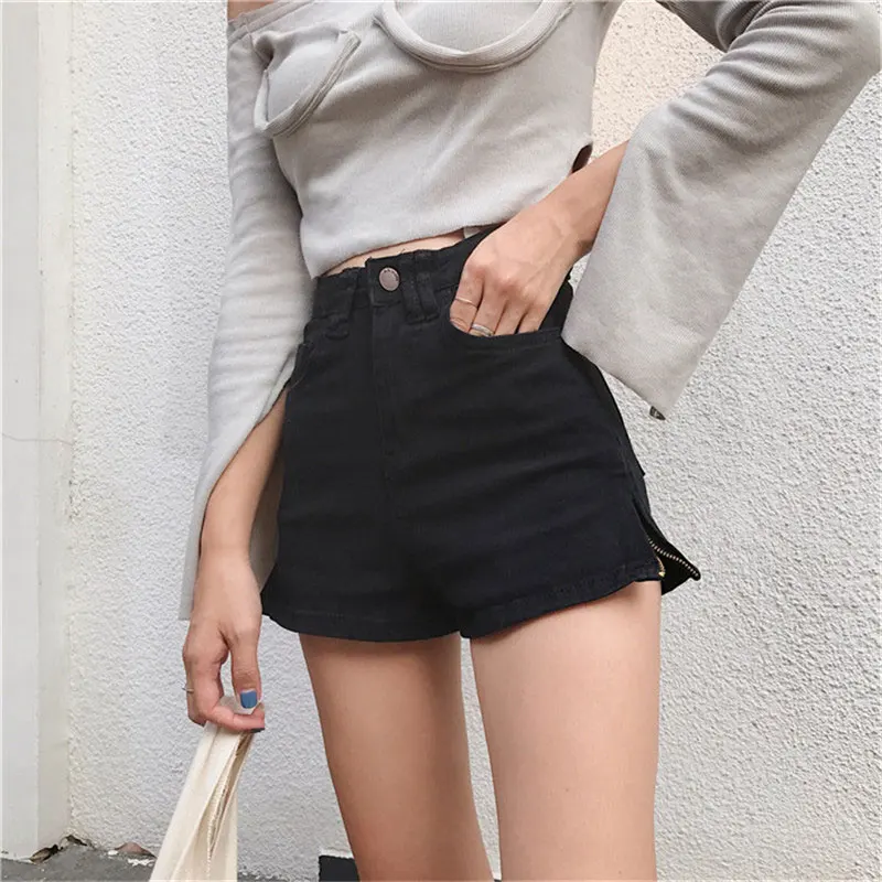 Летние женские шикарные ретро шорты с высокой талией, тонкие Эластичные Обтягивающие джинсовые шорты с одной боковой молнией для девушек, тонкие шорты на молнии - Color: Black