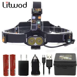 Litwod Z207314 супер 20000LM USB фары 2 * XM-L2 T6 светодио дный Перезаряжаемые 18650 фар головного света фонарик факел с зарядным устройством