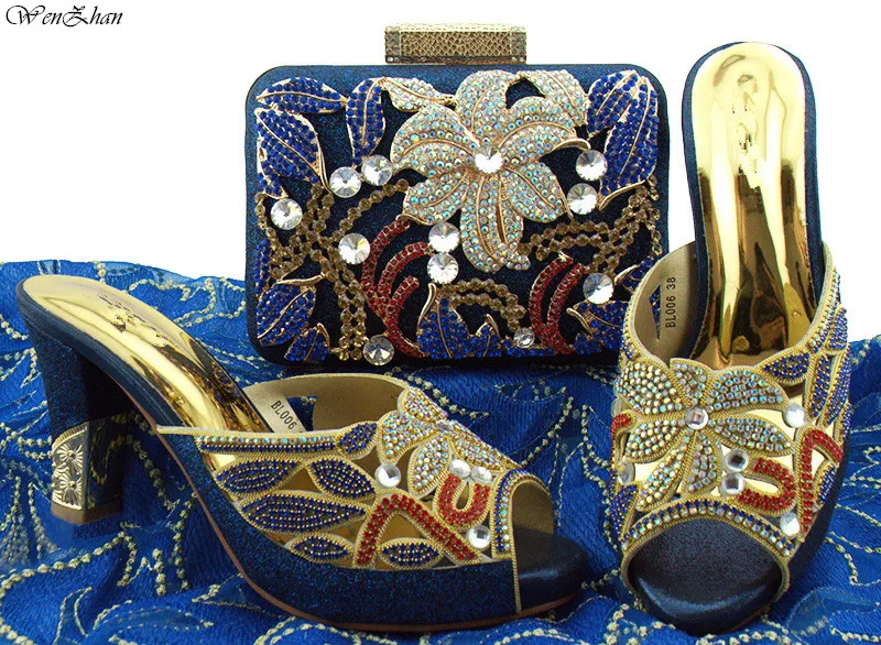 

Latest Party High Heel Shoes And Bag Sets Flower Rhinestone Italian Style Royabl Blue Top Quality Shoes And Bags Set 8cm B85-15