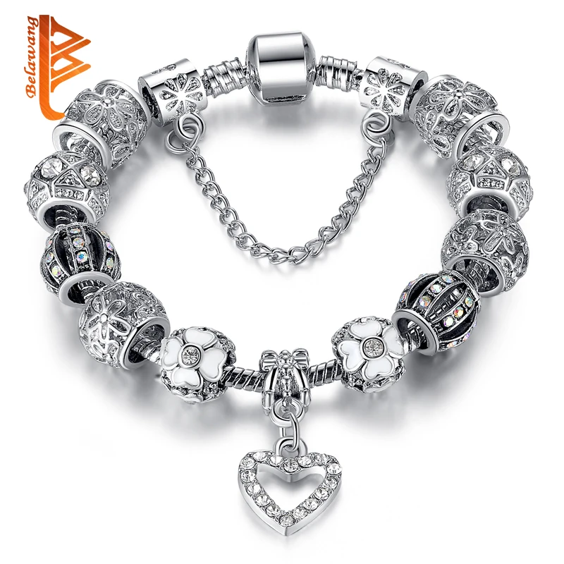 Fashion Silver Heart Charms font b Bracelet b font Bangle for Women DIY 925 Crystal Beads