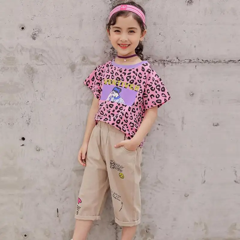 Summer Girls Tracksuit 2019 Toddler Clothes Set Casual Girls Boutique Outfits Leopard Printed Tops Tees + Pants 8 10 12 14 Years