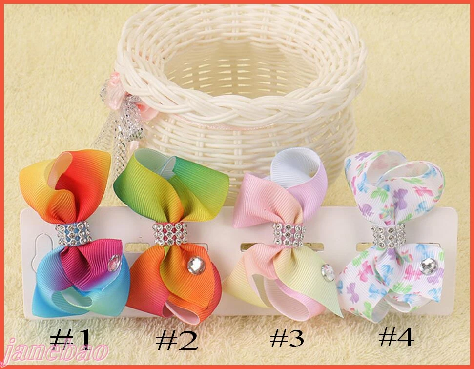 

free shipping 50pcs 3'' rainbows boutique hair bows polka dot abc hair clips rhinestones girl hair accessories