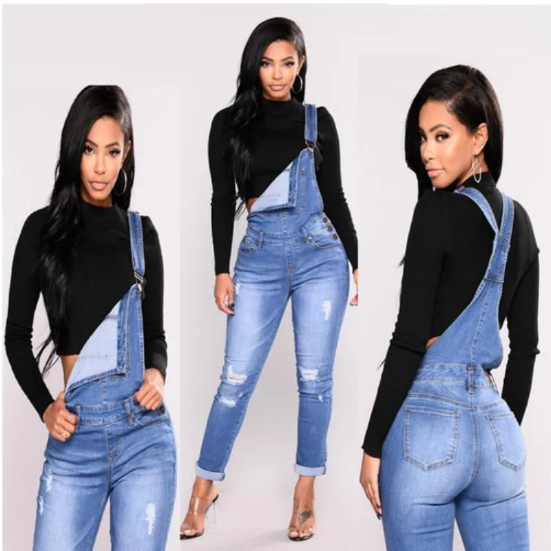 

2019 Spring Women Jumpsuits Fashion New hole Ripped elastic cowboy Denim Overalls High Waist Jeans Plus Size Skinny Pants A030