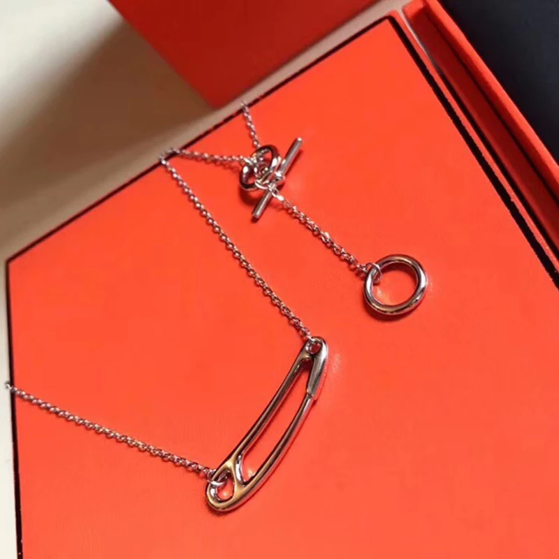 

Brand Pure 925 Sterling Silver Jewelry For Women Slide Lock Neckalce H Pendant Silver Pin Necklace Cute Pendants Party Necklace