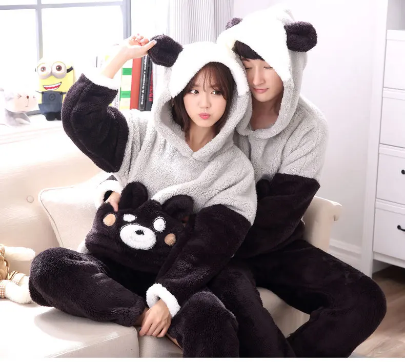 

Winter men pajamas set soft warm unisex animal bear hooded sets kawaii lovers home clothes thick casual women sleepwear suits