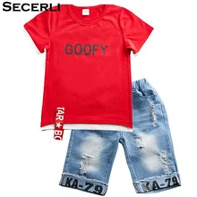 Комплект летней одежды для мальчиков от 3 до 12 лет, Детская рубашка с короткими рукавами и лентой Рваные джинсовые шорты комплект из 2 предметов для мальчиков-подростков