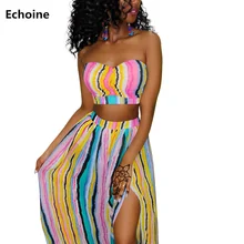 Summer Women 2 Piece Set Strapless Crop Top and Long Split Skirt Colorful Striped Skirt Set Beach Style Sexy Party Club Outfit marled knit crop top with split skirt