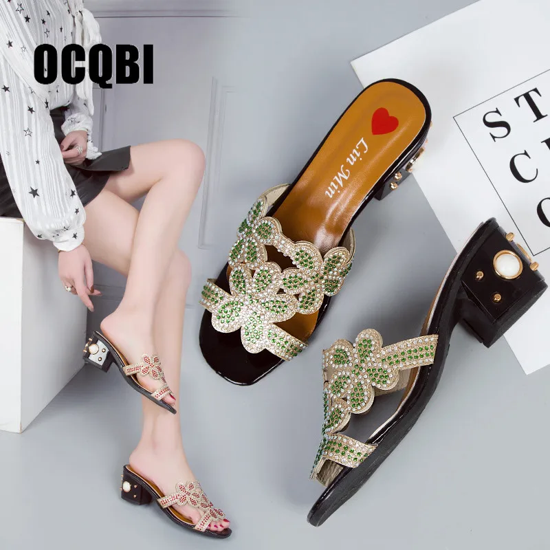

2019 crystal shoes women sexy open toe thick heel beach slides lady summer outdoor flip flops sandalia feminina ladies slippers