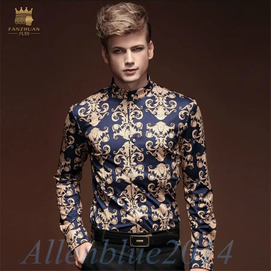 Мужская винтажная рубашка с длинным рукавом цветочным принтом|long sleeve dress shirts|dress