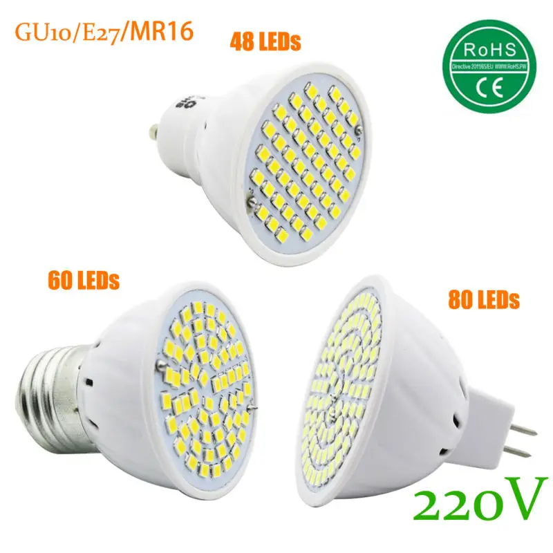 GU10 E27 MR16 новая SMD 2835 Светодиодная лампа 220 в 230 240 48 60 80 Светодиодный точечный