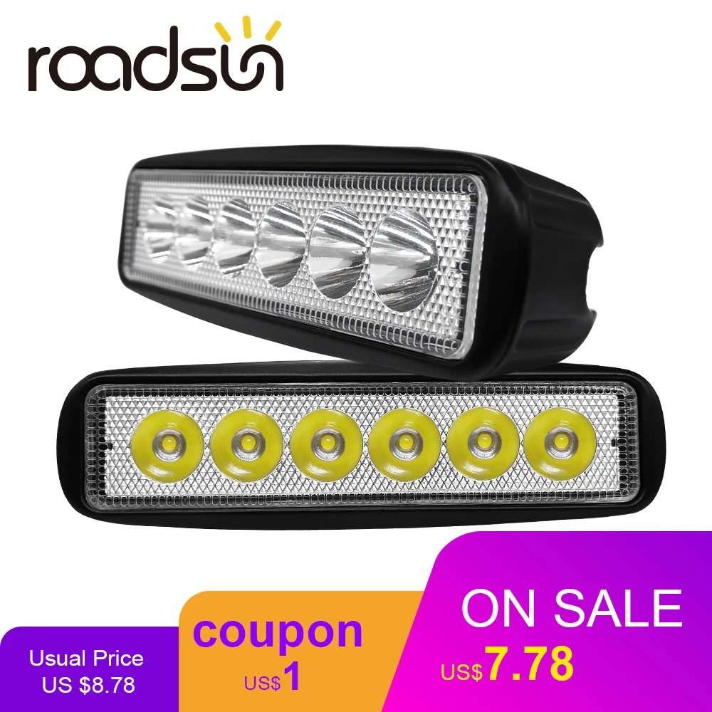 

roadsun 18W 6000K Led Car Work Light 12V Led Spot Lights Bar Off Road Flood Combo Lamp For Tractor Truck Trailer SUV Vehicle 1PC