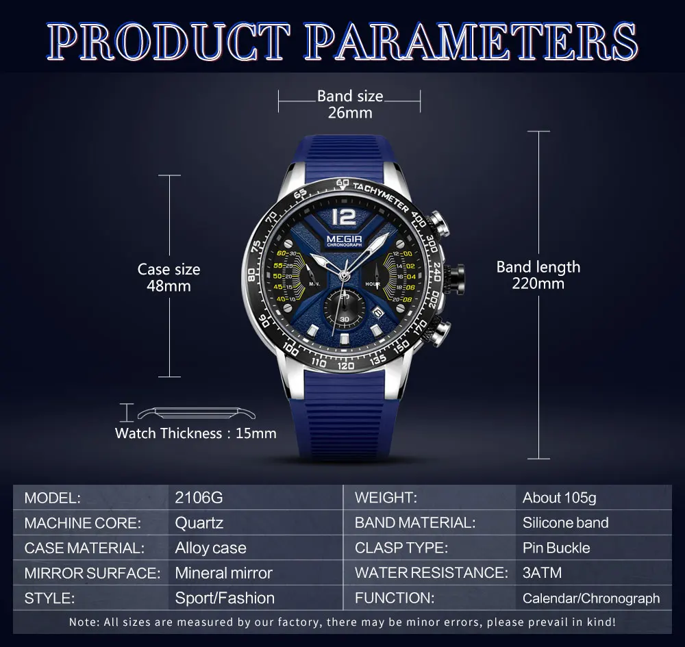 MEGIR, спортивные кварцевые часы с хронографом для мужчин, силиконовый ремешок, водонепроницаемые светящиеся наручные часы, мужские часы, 2106 синий цвет