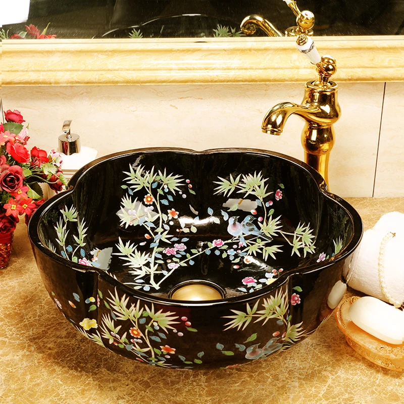 Flower and bird Art Basin Sinks Ceramic Counter Top Wash Basin Bathroom Vessel Sinks vanities new ceramic wash basin blue