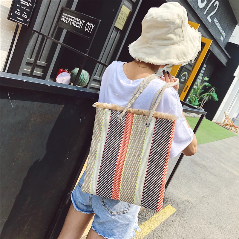 

Women Straw Bag Women Shoulder Bag For Girls Patchwork Striped Big Slim Casual INS Boho Beach Bag Summer Female Handbags New