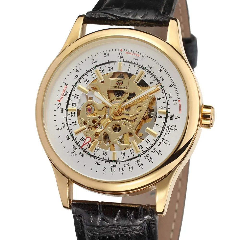 

Forsining Men's Watch Fashion Casual Mechanical Skeleton Leather Analog Transparent Crystal Wristwatch Color Gold FSG8100M3G1