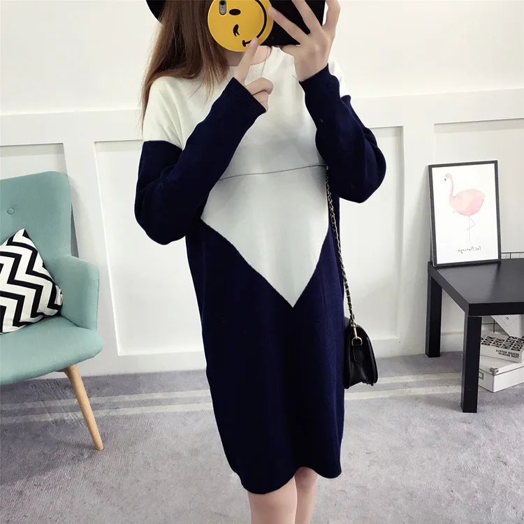 

Maternity Wear Autumn And Winter New Fashion Breastfeeding Clothes Tide Mother Color Matching Knit Dress Postpartum Out Nursing