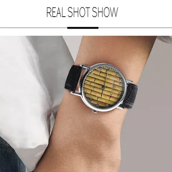 

OKTUME Unisex bamboo seal watch Simple casual PU leather belt Band Analog Alloy Quartz Wrist couple Watch horloges vrouwen A80