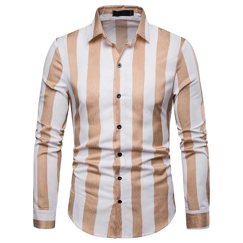 Shirt Men Striped Long Sleeves Casual Slim Fit Mens Dress Shirts Spring