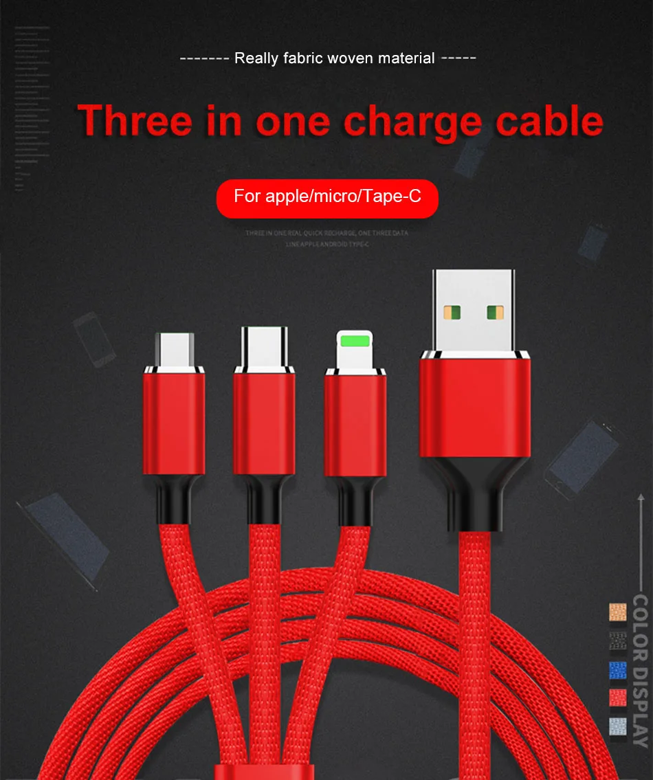 !ACCEZZ USB Charging Cord Cable Lighting For iPhone X 7 8 6 Plus 3 in 1 Micro USB Type C For Samsung Xiaomi 5 Fast Charger Line (1)