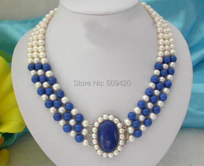 

OI8077 JYTW&O655 >stunning 3rows 8mm round white freshwater pearls blue lapis lazuli necklace