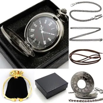 

Black Retro Hollow Roman Numbers Carving Quartz Pocket Watch Gift Set Luxury Fob Watches Suit Online Sale For Men Women