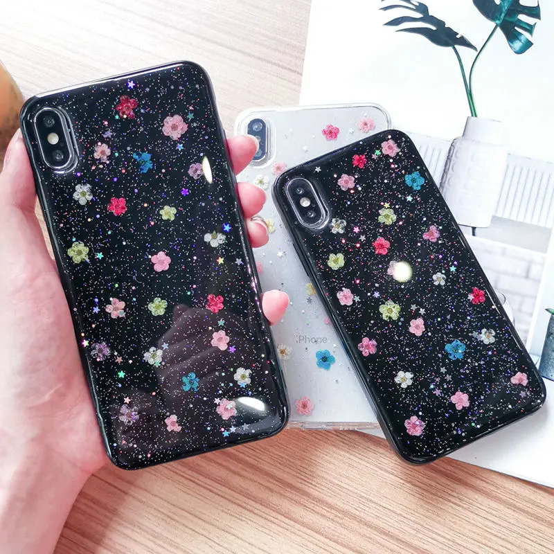 

Dried Real Flower Transparent Case For iPhone 6 6S 7 8 Plus X XS XR XM Soft TPU Clear Beautiful Flower Cover For iPhone X 6 7 8