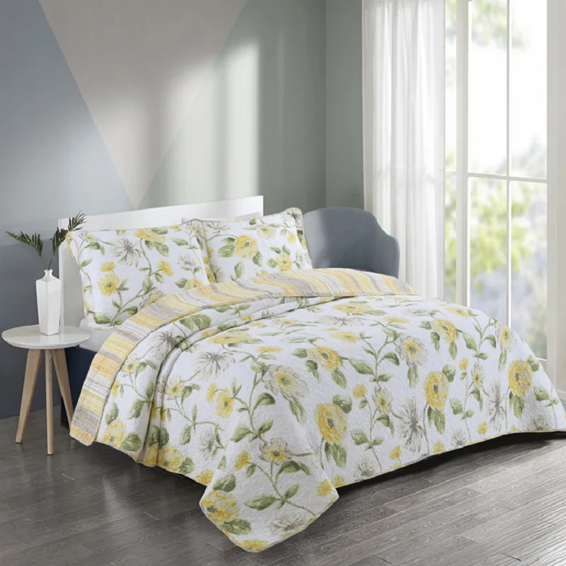 

CHAUSUB Washed Cotton Quilt Set 3PC Flowers Printed Quilts quilted BedSpread Bed Covers Sheets Pillowcase King Size Coverlet Set