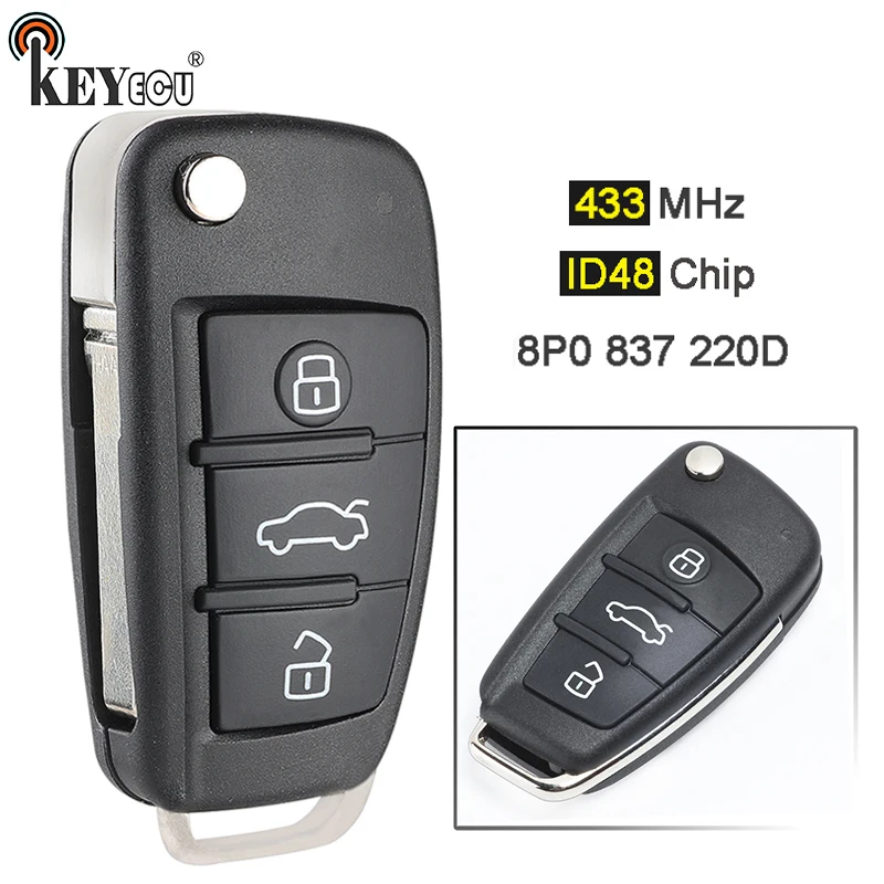 KEYECU 433 МГц ID48 чип P/N: 8P0 837 220 D обновлен Флип складной 3 кнопки дистанционного автомобиля брелок для Audi A3 TT
