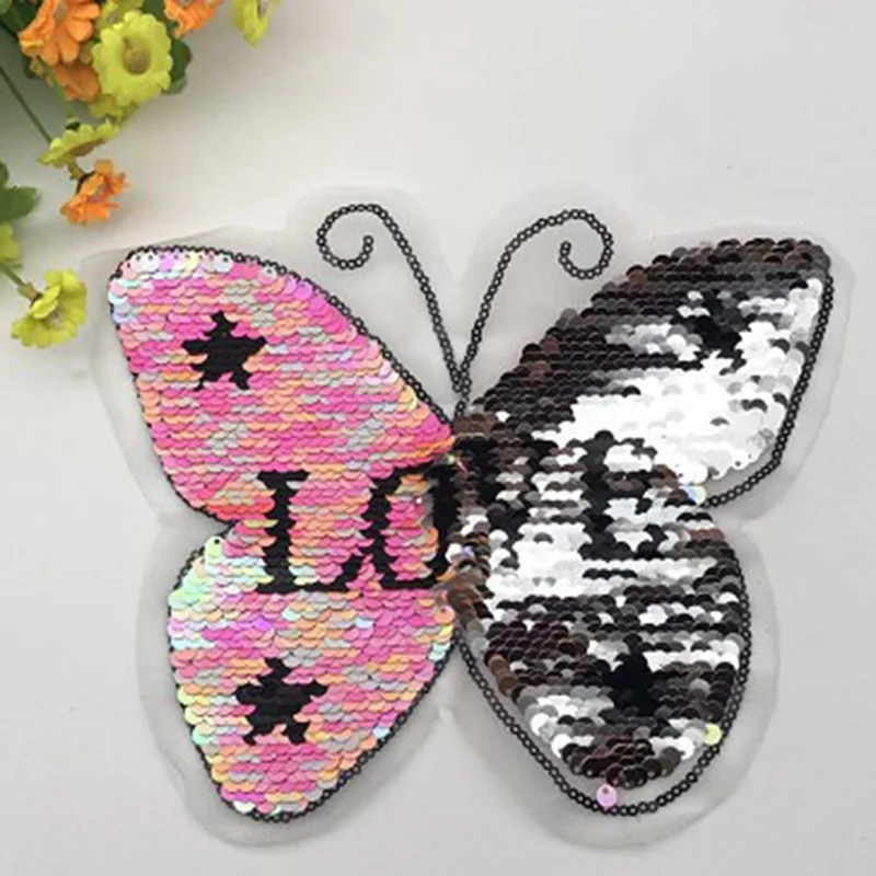 Бабочка Розовая любовь Реверсивные изменения цвета блестки пришить патчи для одежды DIY Лоскутная сумка Одежда пальто свитер ремесла 2019New