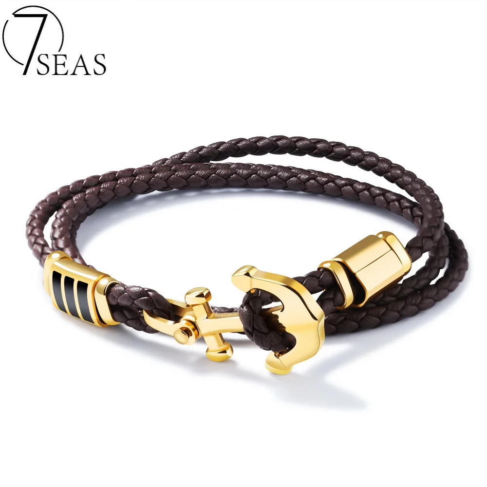 7SEAS Handmade Braided Rope Leather Bracelet Man Delicate Anchor Gold