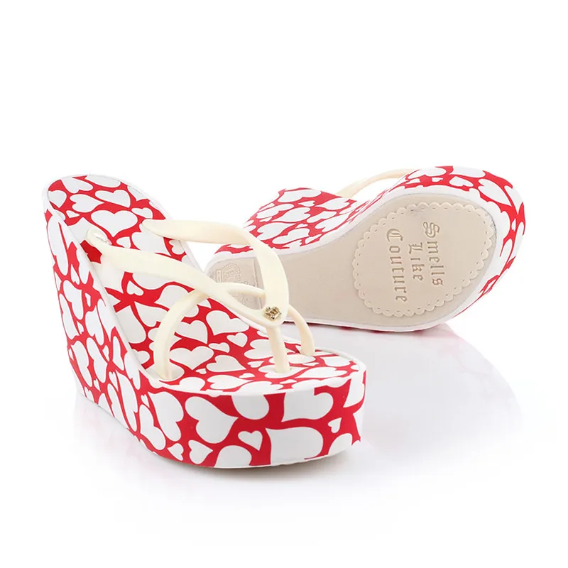 

Summer new slope with ladies love pattern flip flops increase 11cm super high heel platform shoes vacation beach casual sandals