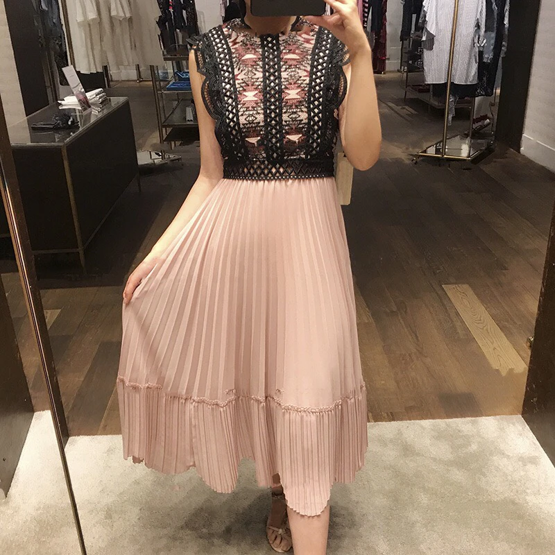 Livraison Femmes Évider Broderie Nouveau 2018 Robe Automne Patchwork Mi mollet Plissée Dentelle Vintage Gratuite Style TvZwxrqT